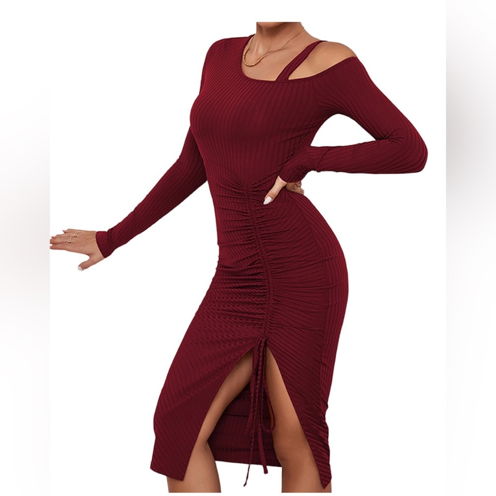 Women Leg Slit Off Shoulder Long Sleeve Sexy Bodycon Dress, Small, Red Wine, NWT